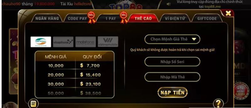 Hướng dẫn nạp tiền Top88 dễ dàng để thỏa sức tham gia chơi game cá cược